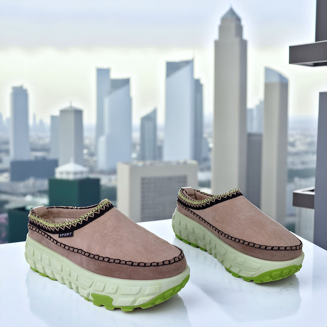 Beige & Neon Green Faux Suede Slip On Chunky Platform Slipper Mules