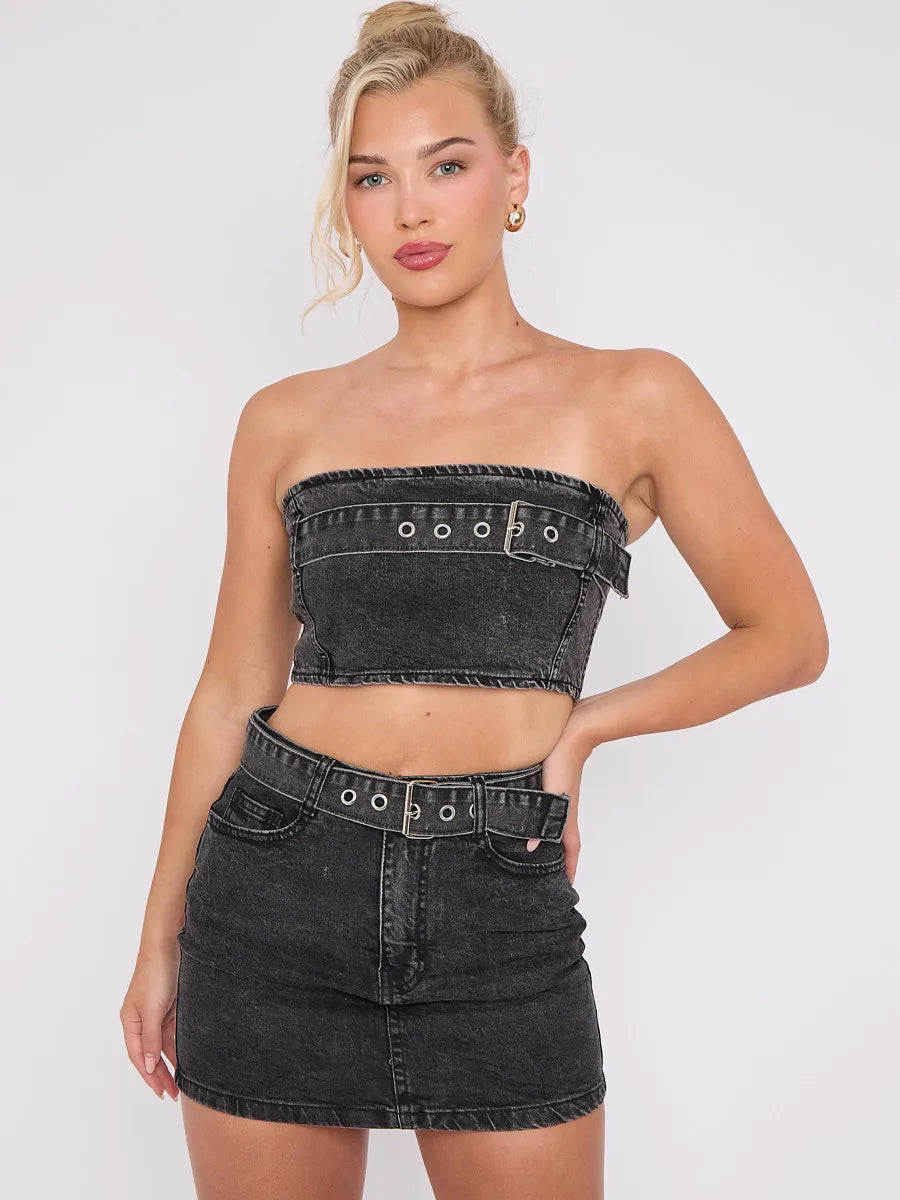 Black Belted Bandeau Crop Top Mini Skirt Denim Co ord