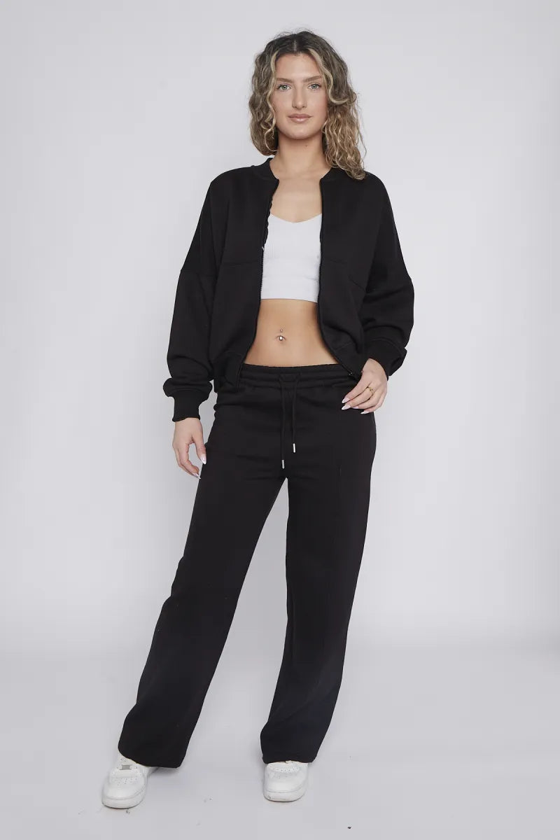 Black Bomber Style Jacket Wide Leg Bottoms Co-ord Loungewear Set