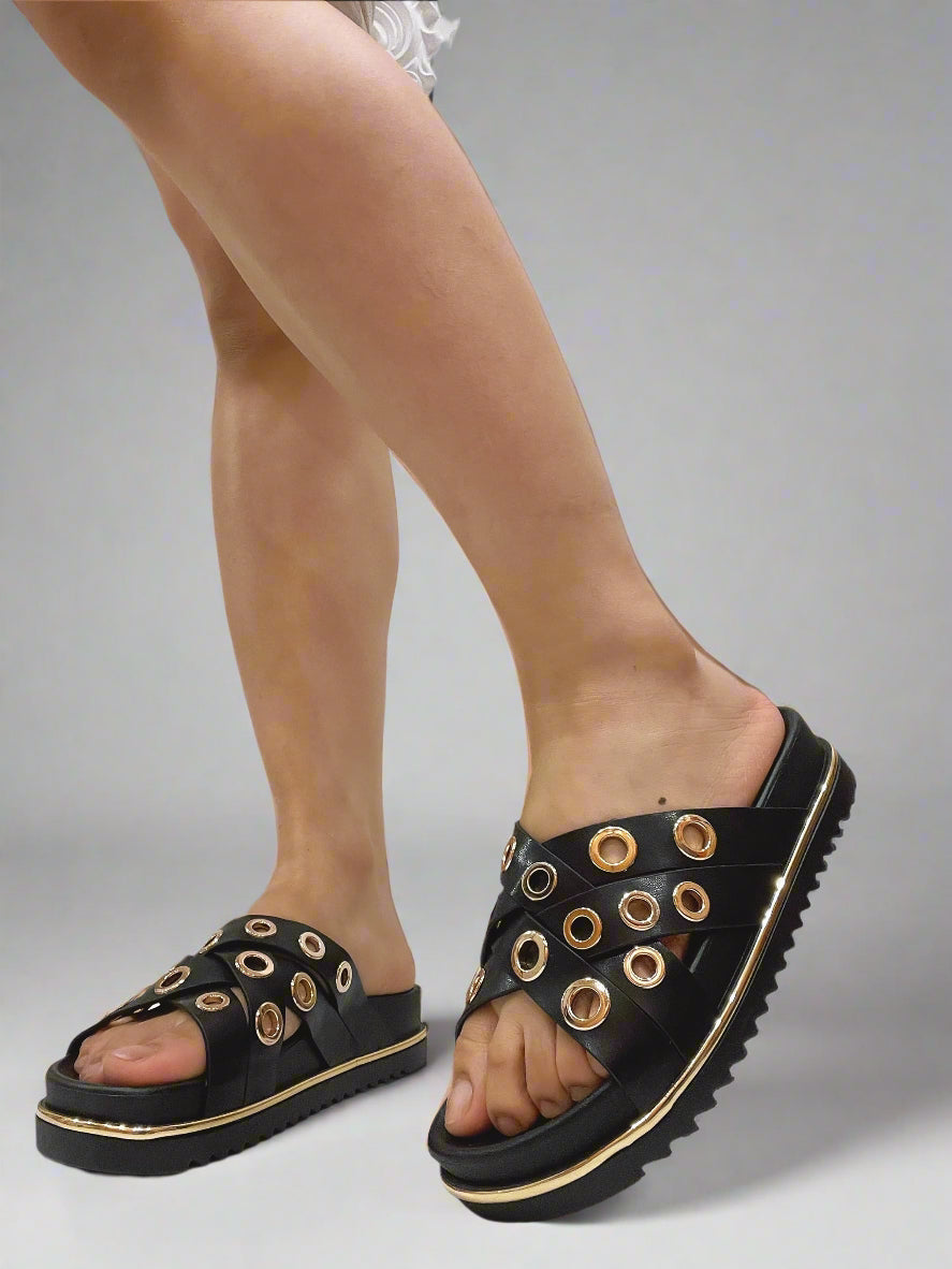 Black Chunky Platform Eyelet Slider