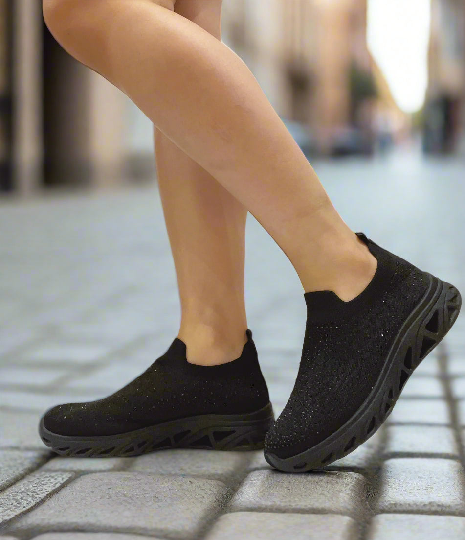 Black Diamante Comfortable Slip On Trainers
