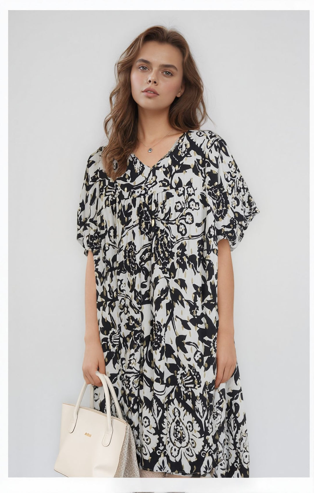 Black Floral Print Gold Detail Knee Length Dress