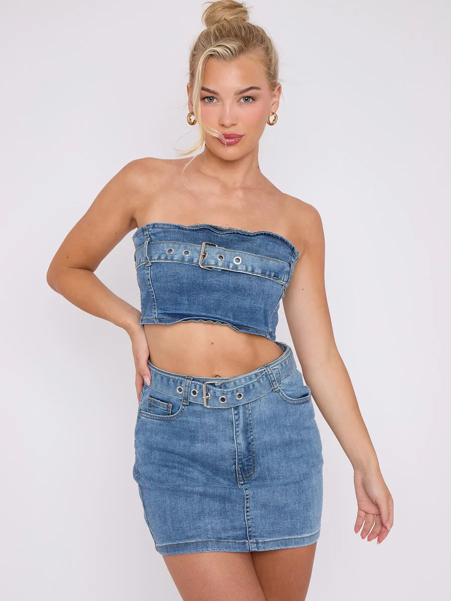 Blue Belted Bandeau Crop Top Mini Skirt Denim Co ord ShineFashions.ie