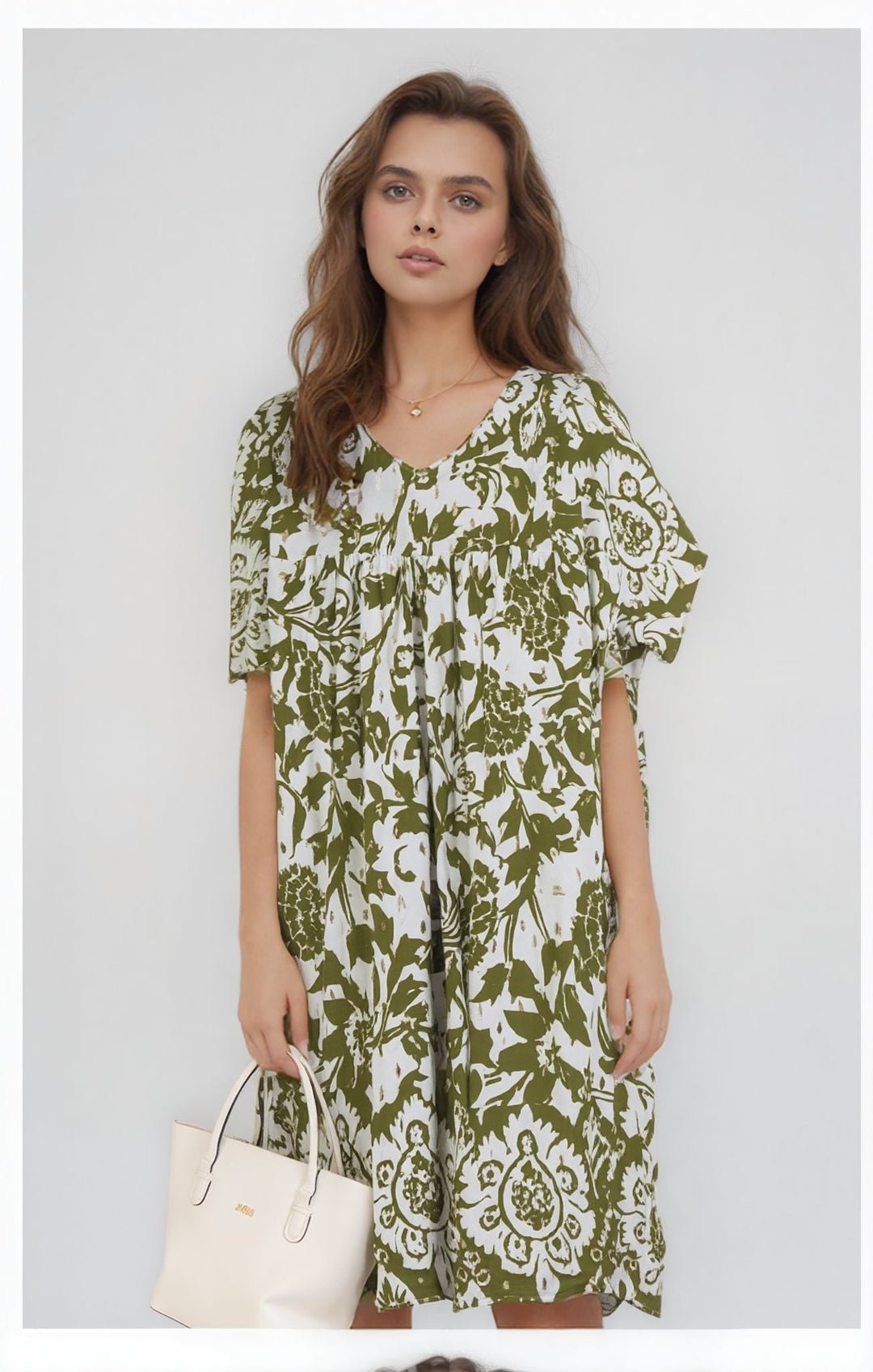 Green Floral Print Gold Detail Knee Length Dress