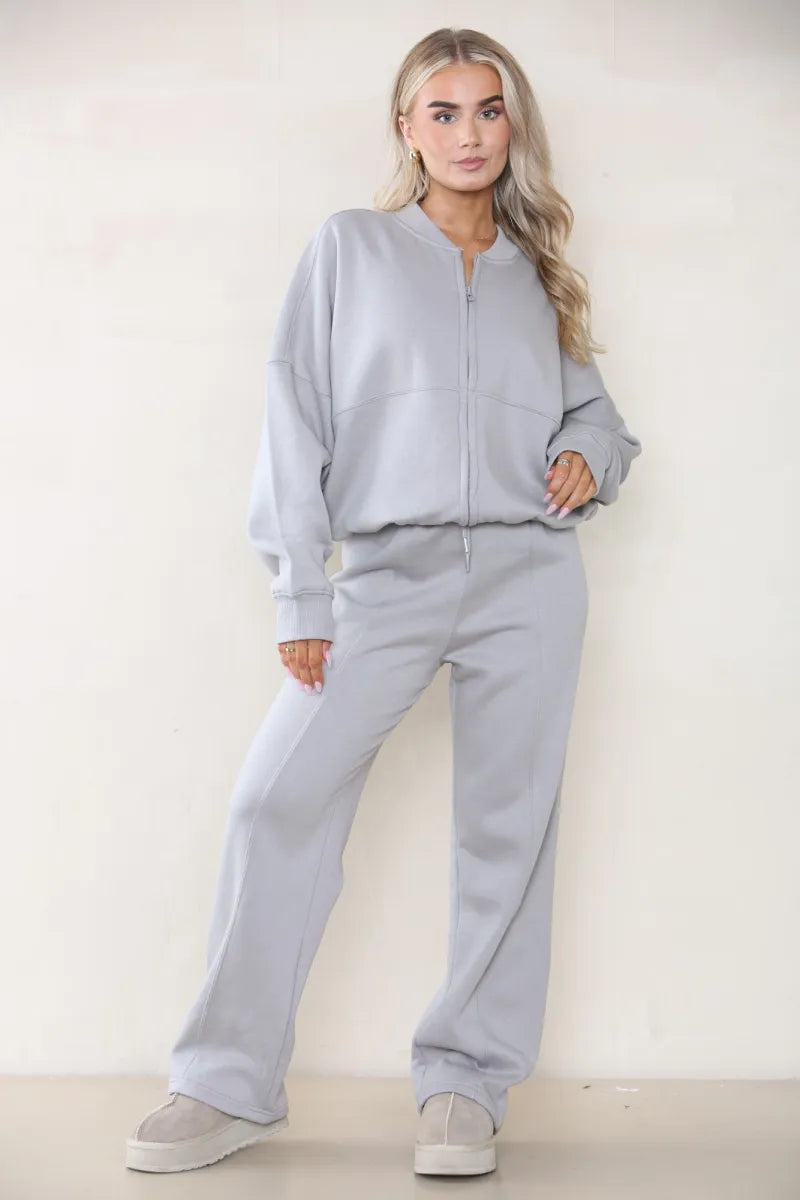 Grey Bomber Style Jacket Wide Leg Bottoms Co-ord Loungewear Set