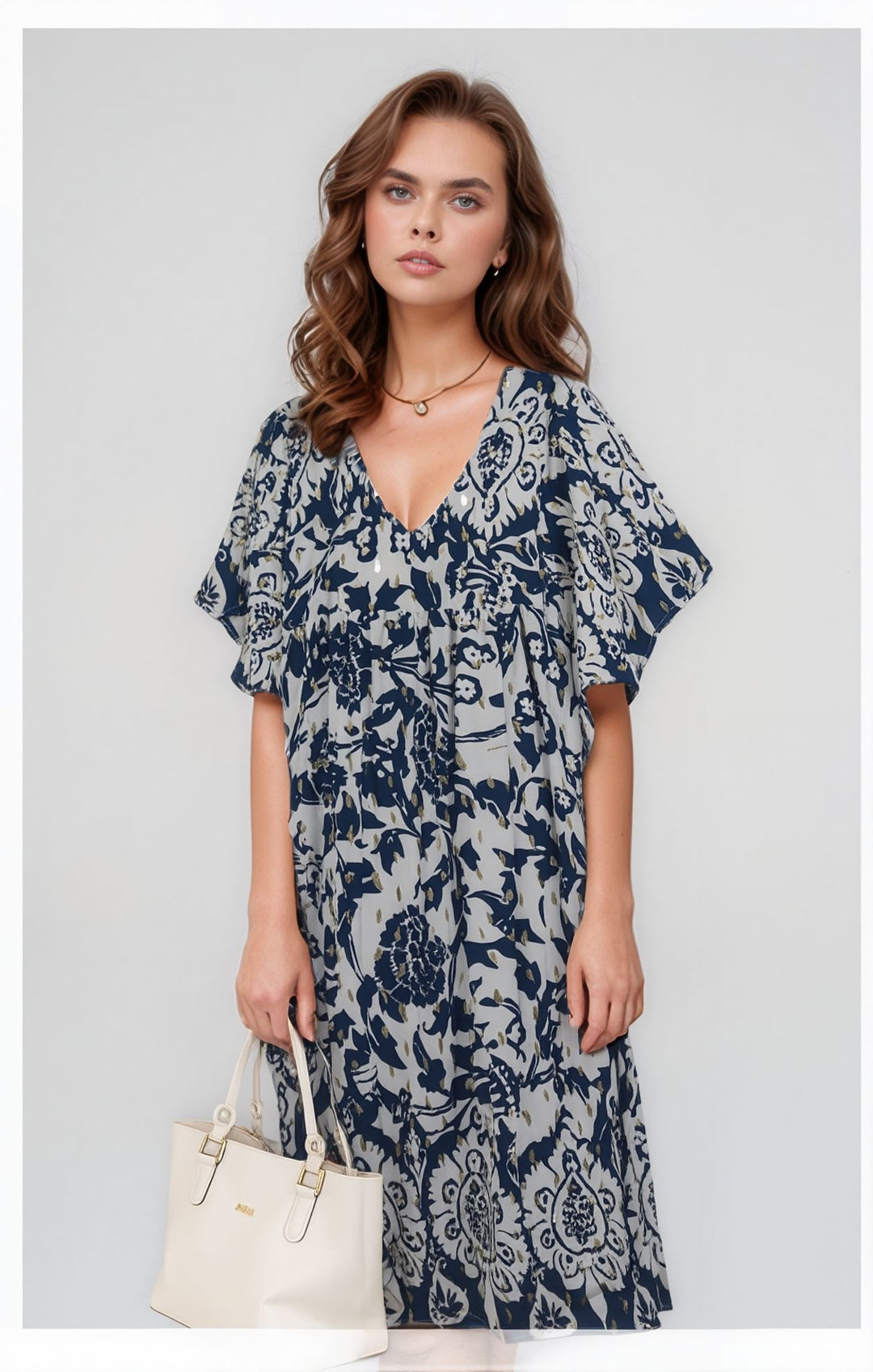 Navy Floral Print Gold Detail Knee Length Dress