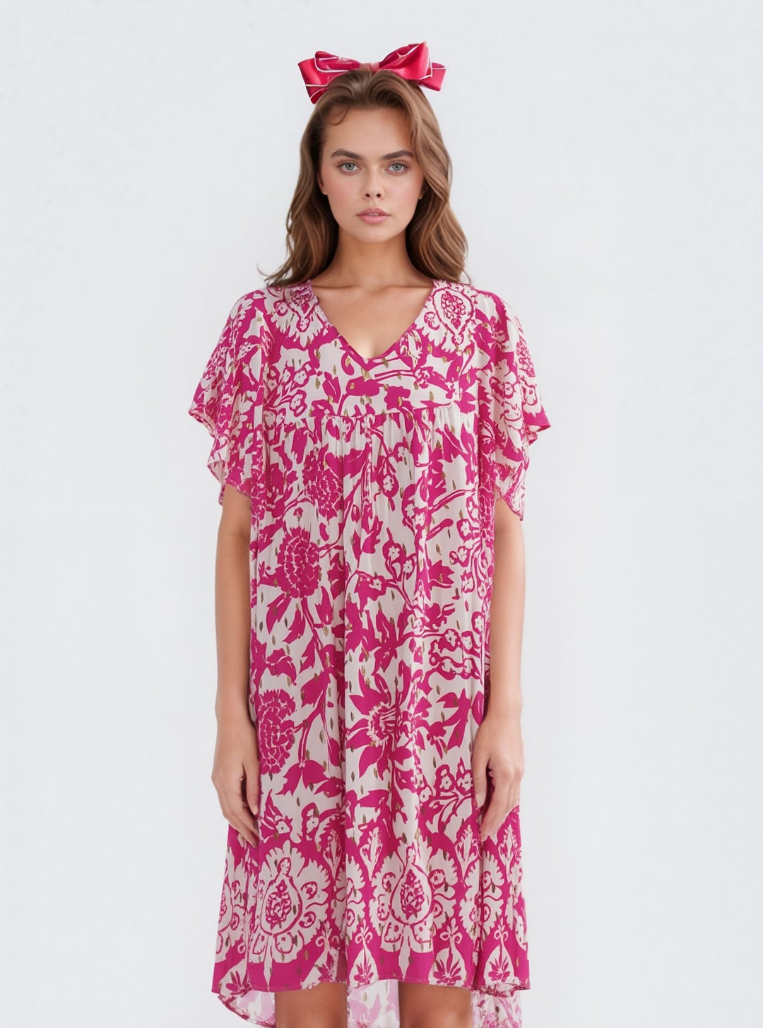Pink Floral Print Gold Detail Knee Length Dress