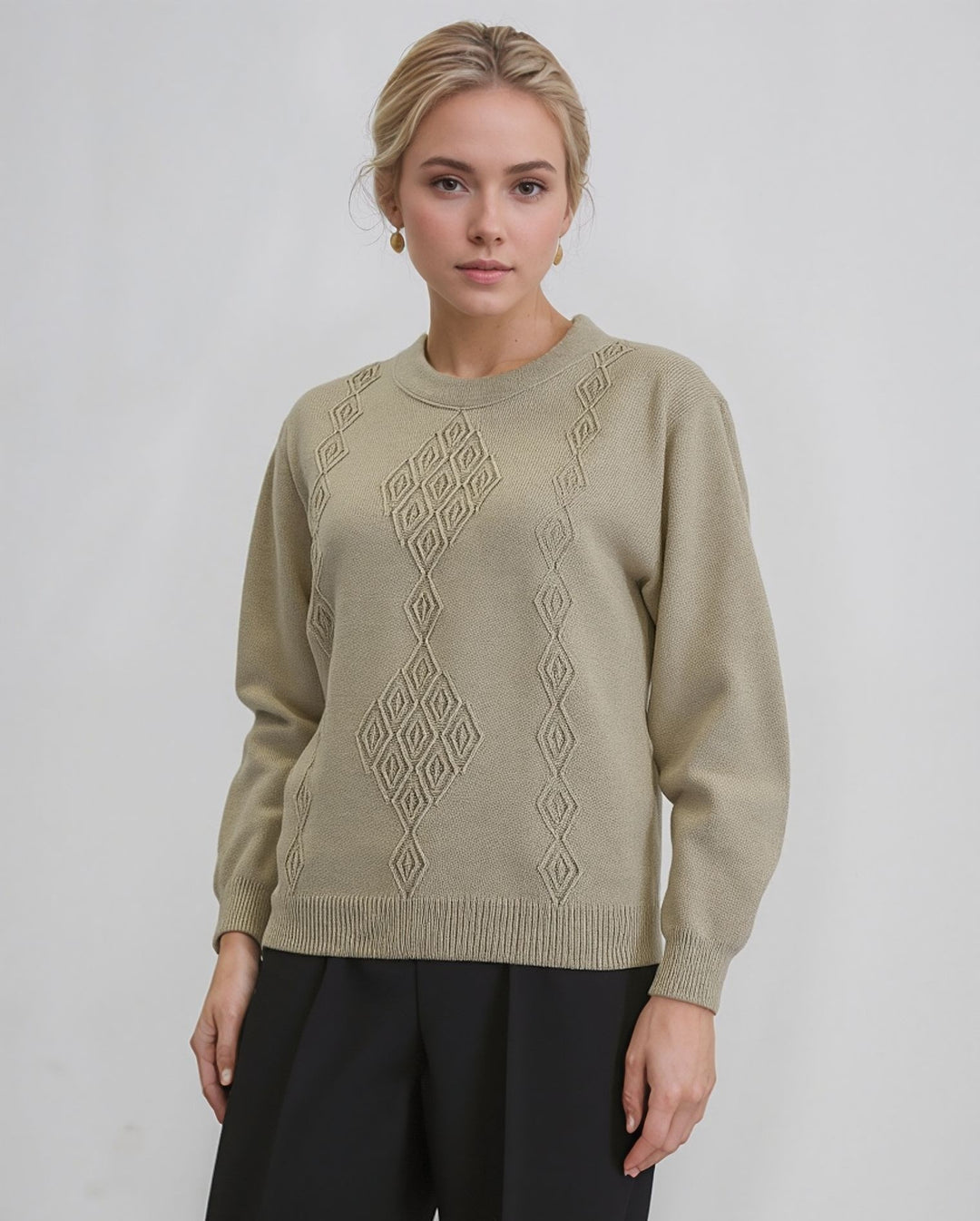 Beige Round Neck Diamond Design Jumper