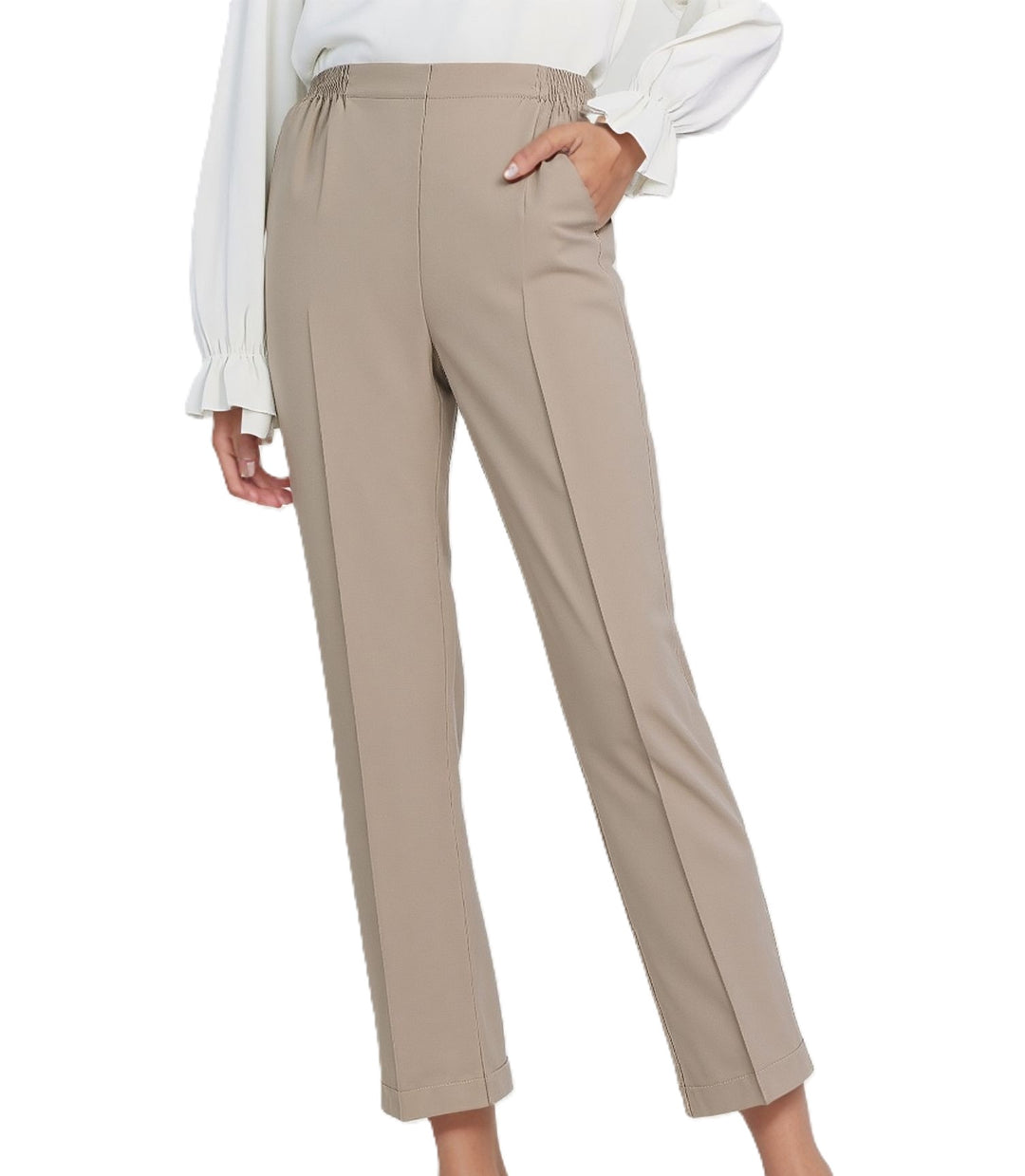 Beige Fully Elasticated Waist Straight Leg Trouser