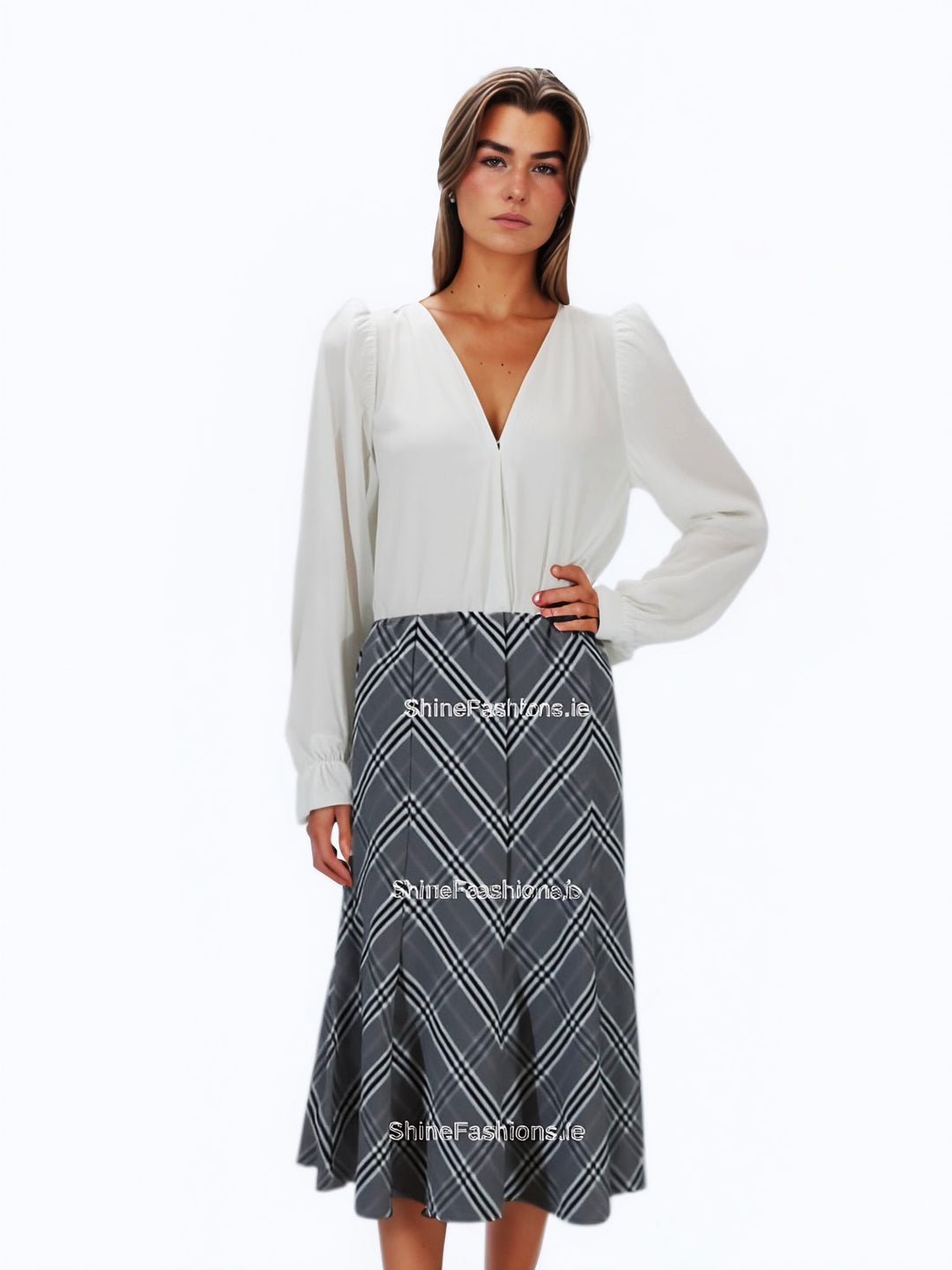 Grey Elasticated Lined A-Line Checked Skirt