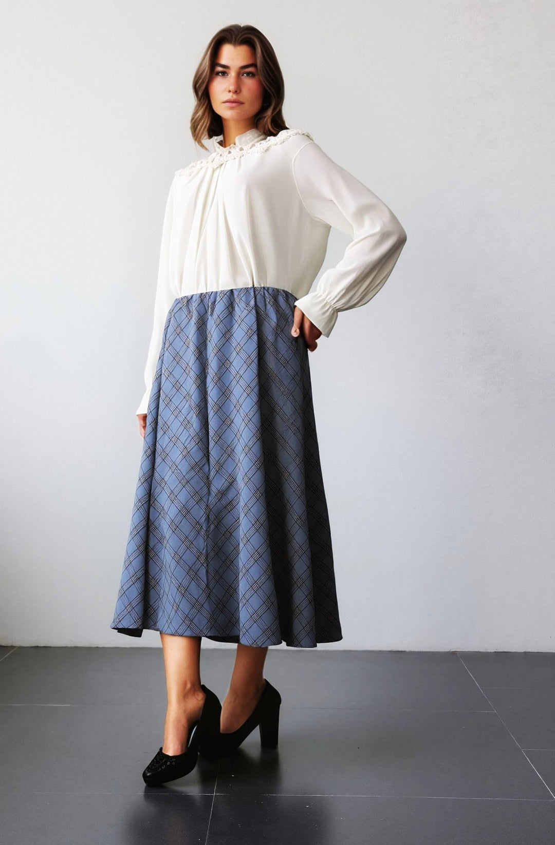 Blue Elasticated Lined A-Line Diamond Checked Skirt