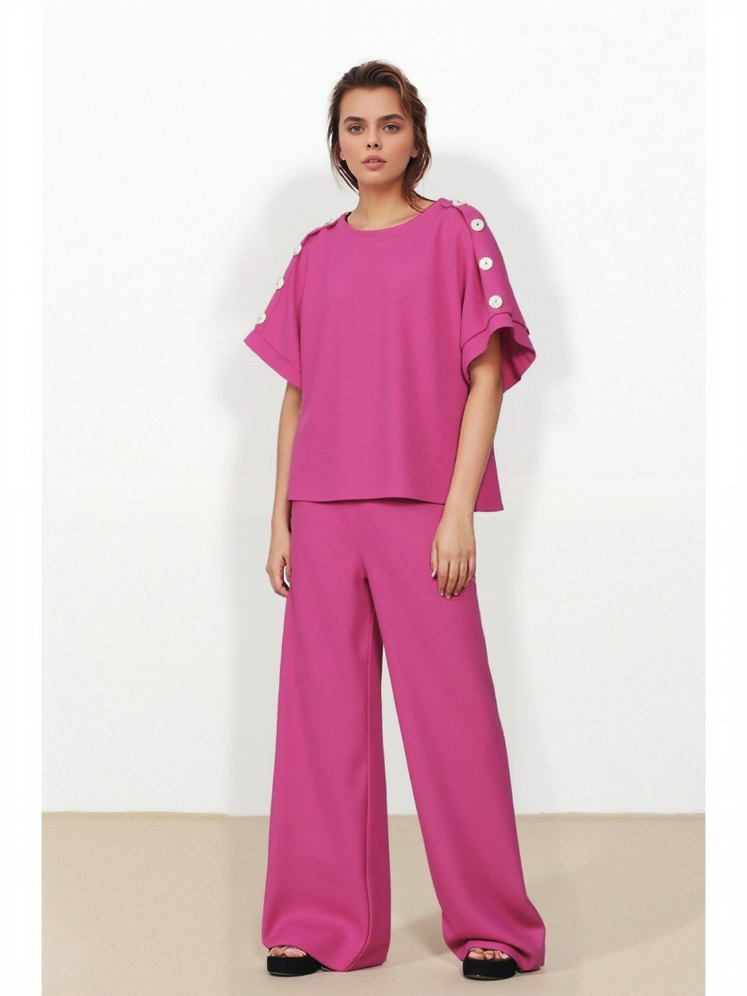 Fuchsia Women's Gold Button Wide Leg Trouser Comfy Co - Ord