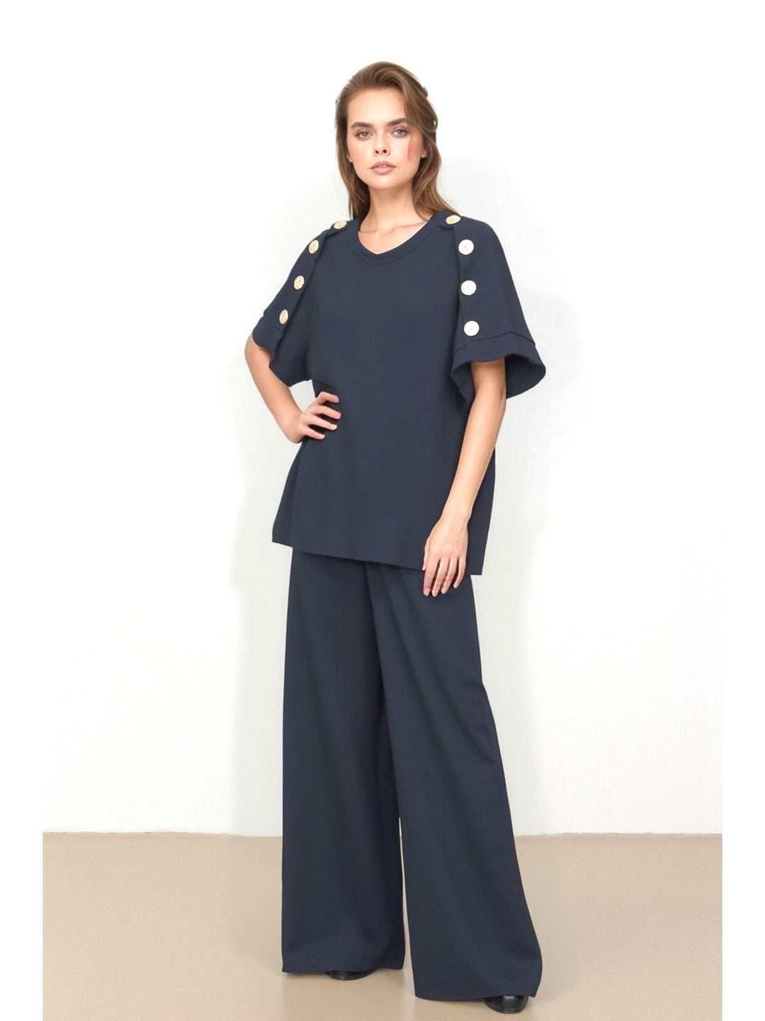 Navy Women's Gold Button Wide Leg Trouser Comfy Co - Ord