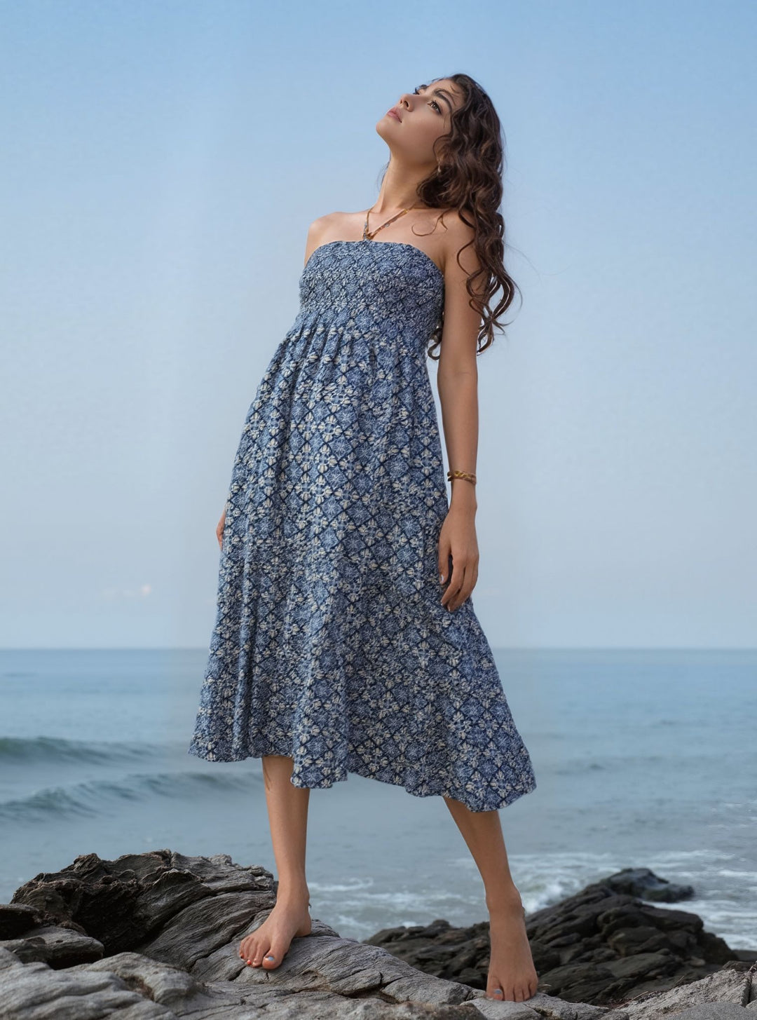 Blue Printed Bandeau Tie Back Dress