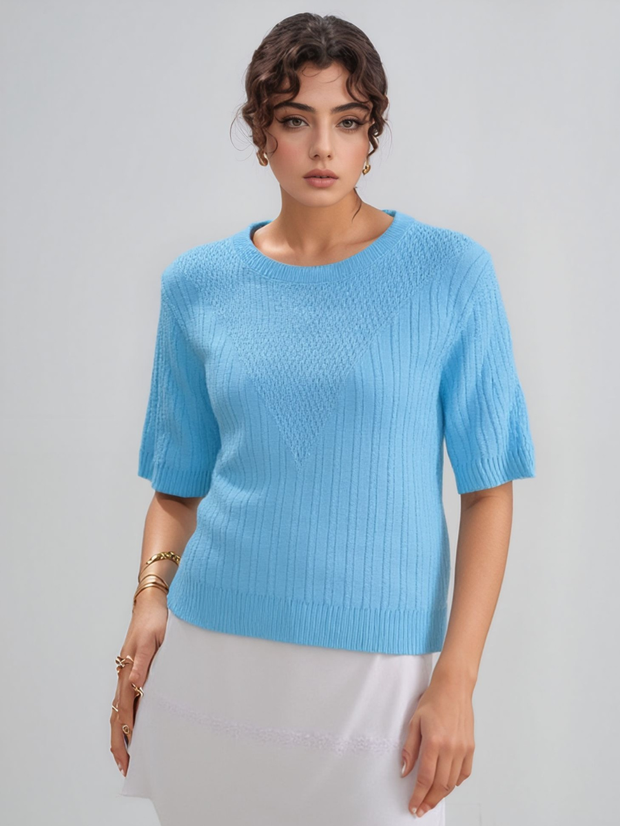 Turquoise Blue Ribbed Design Short Sleeve Jumper