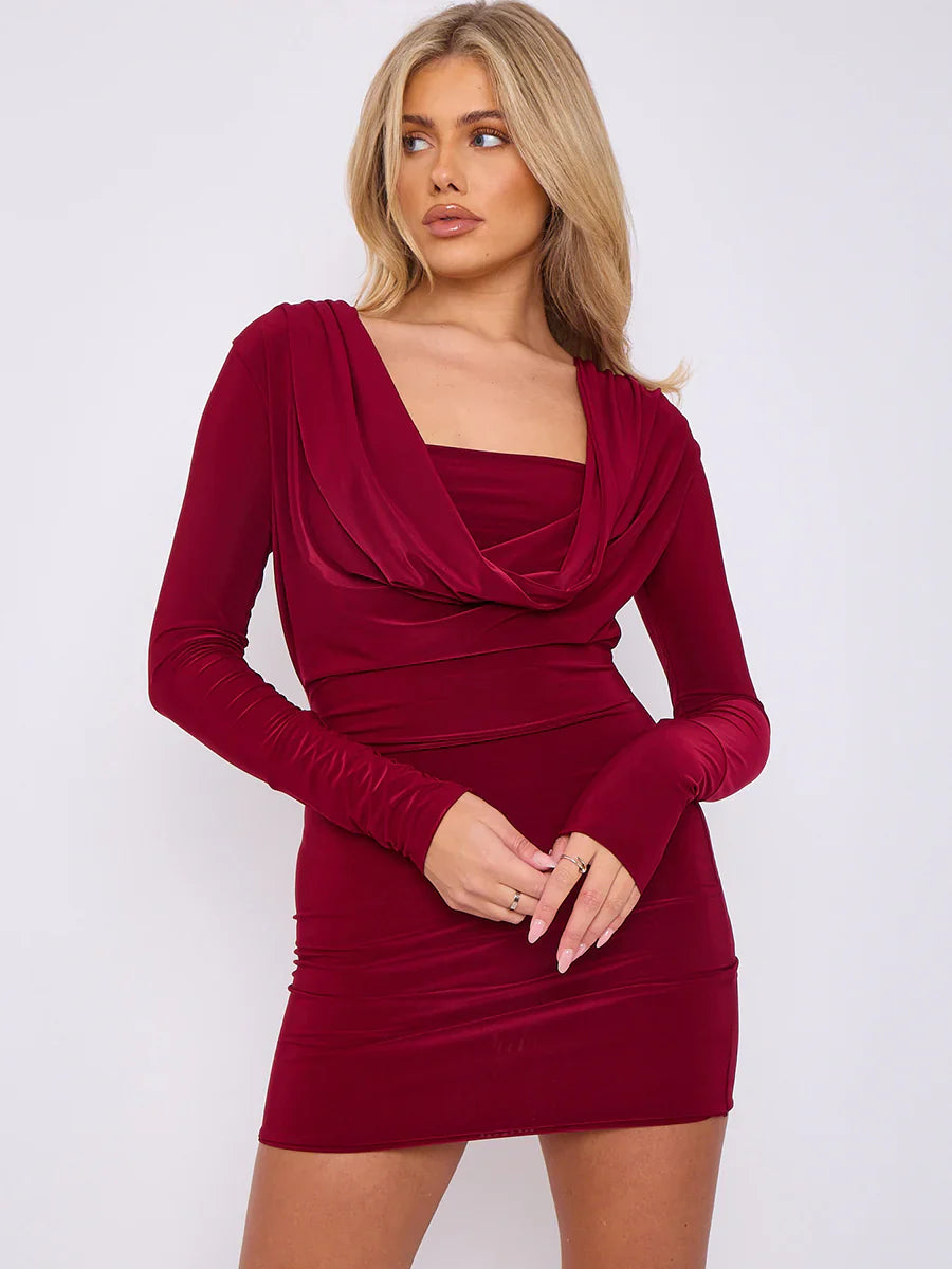 Long Sleeve Cowl Neck Velvet Dress In Wine Wine Draped Cowl Neck