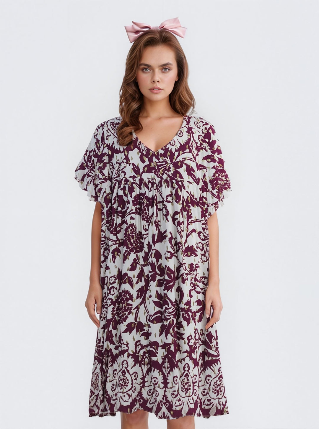 Wine Floral Print Gold Detail Knee Length Dress