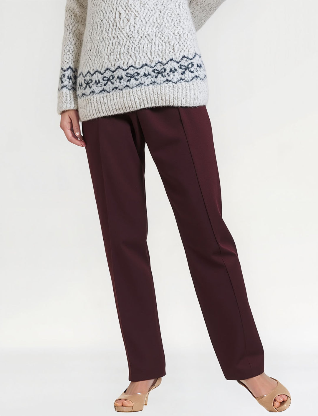 Wine Fully Elasticated Waist Straight Leg Trouser