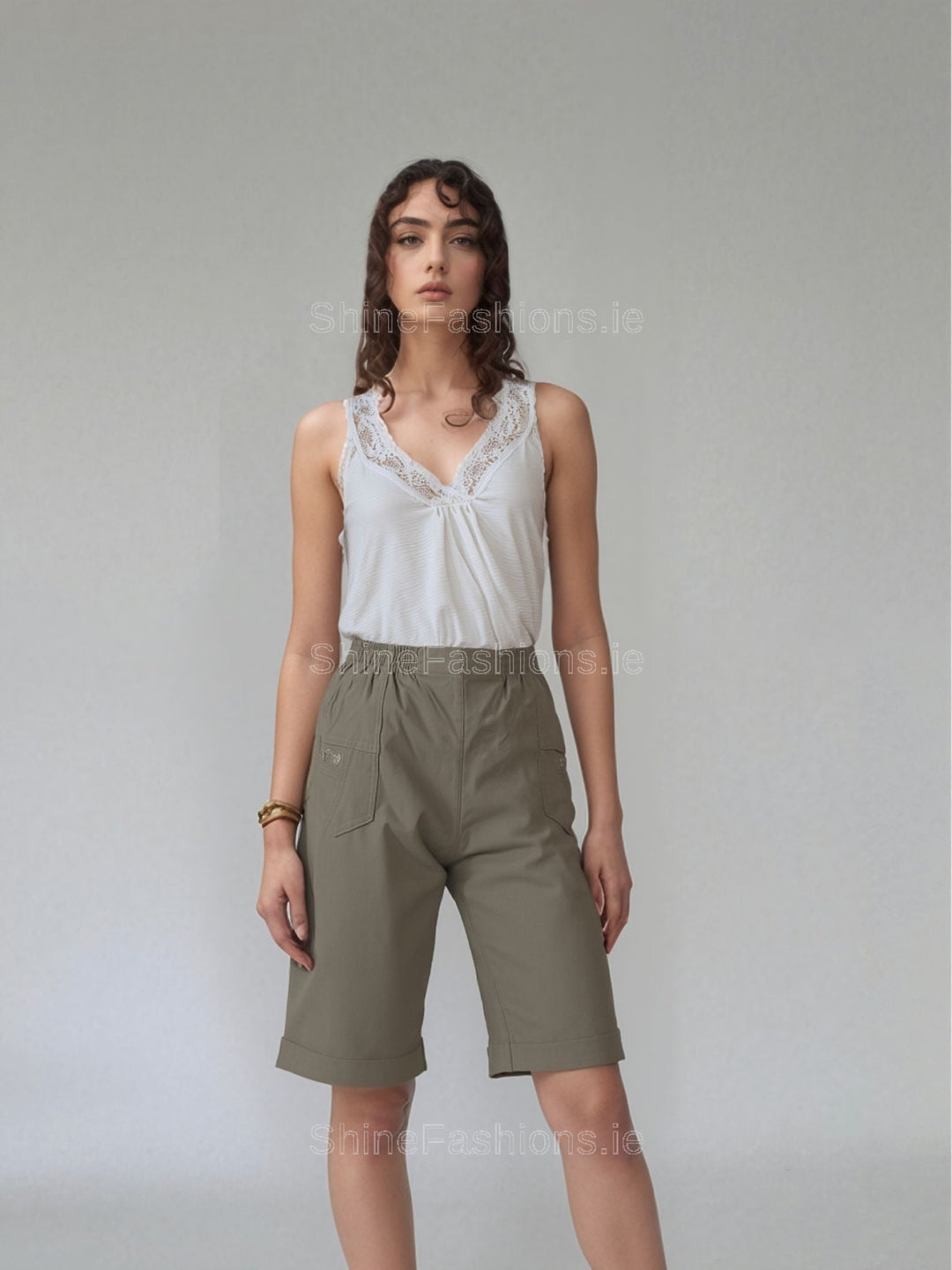 Beige Cotton Stretch Elasticated Knee Length Shorts