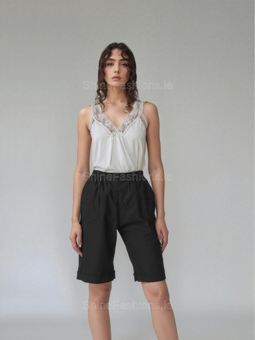 Black Cotton Stretch Elasticated Knee Length Shorts
