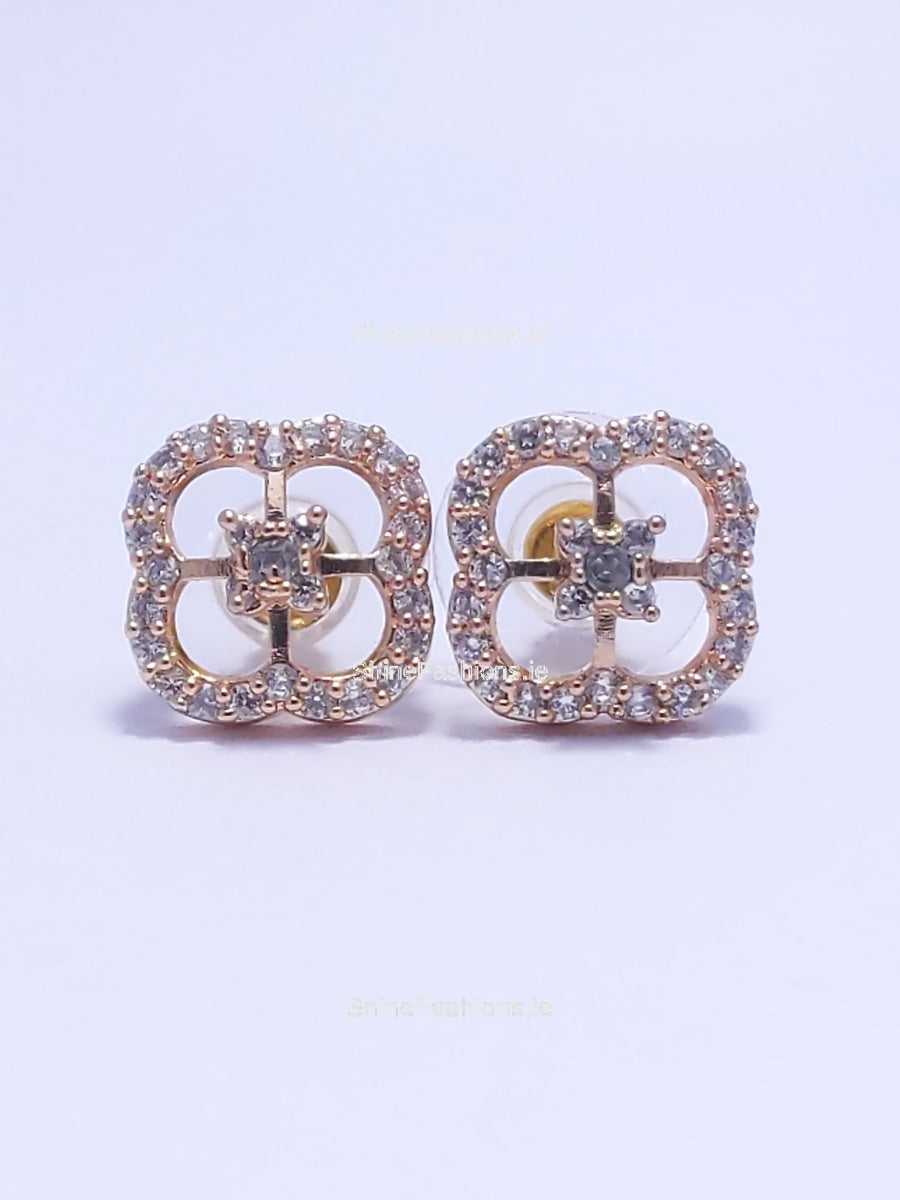 Gold Diamond Clover Shape Stud Earrings