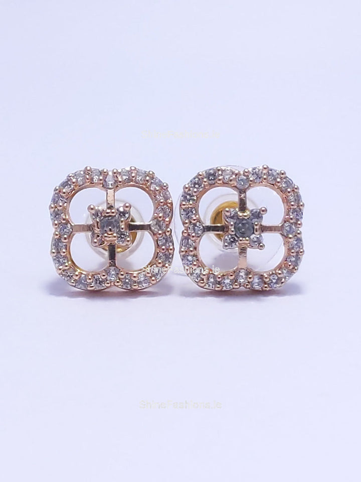 Gold Diamond Clover Shape Stud Earrings