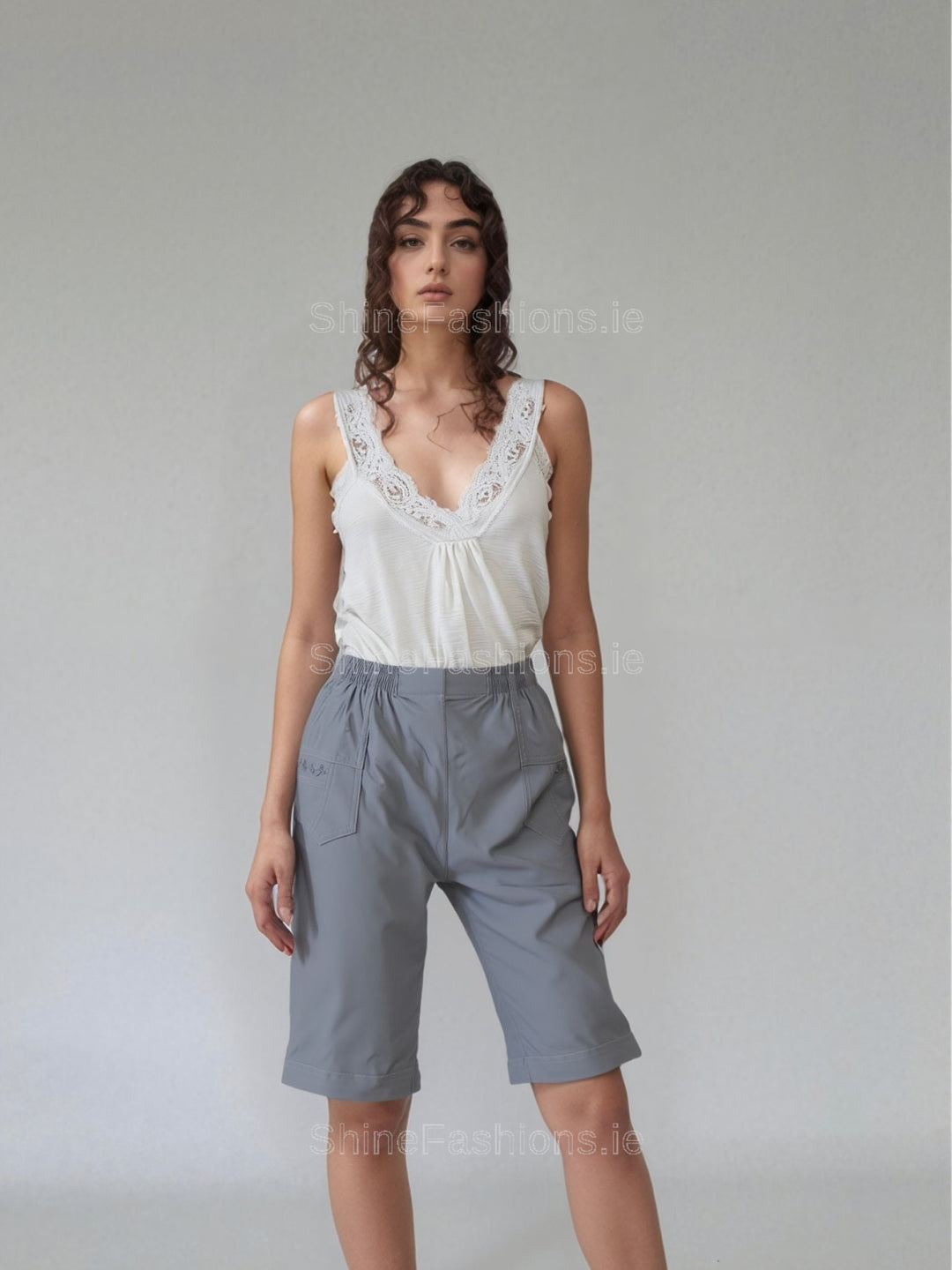 Grey Cotton Stretch Elasticated Knee Length Shorts