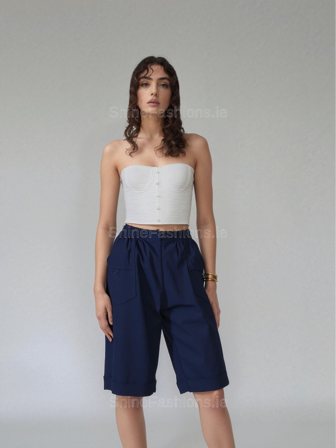 Navy Cotton Stretch Elasticated Knee Length Shorts