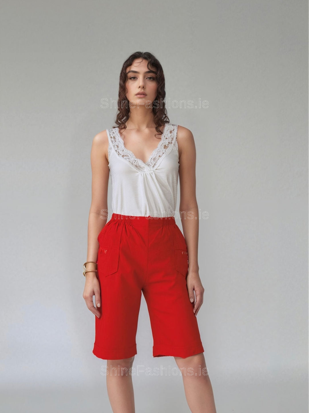Red Cotton Stretch Elasticated Knee Length Shorts