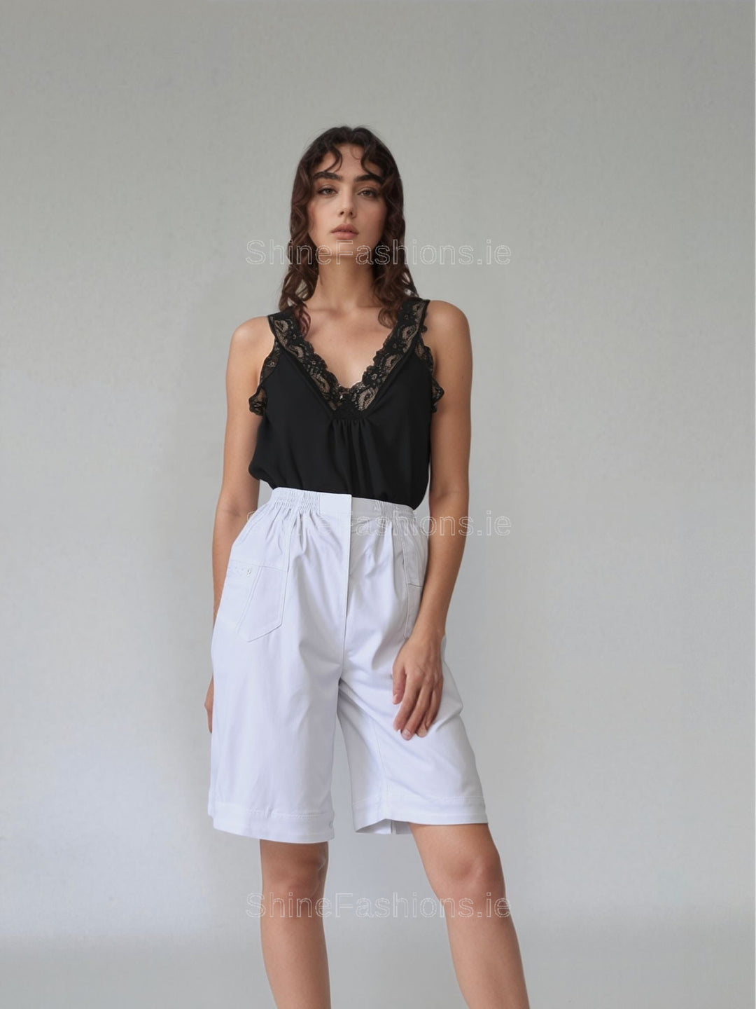 White Cotton Stretch Elasticated Knee Length Shorts