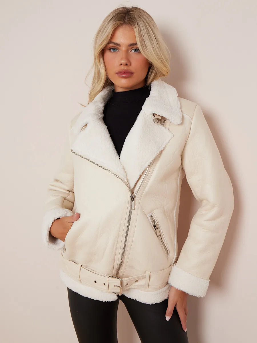 Cream Faux Leather Lined Belted Aviator Jacket - Main Image