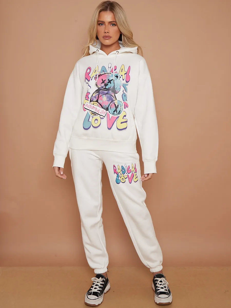 Cream Teddy Bear Oversized Hoodie Jogger Graphic Loungewear Co ord ShineFashions.ie