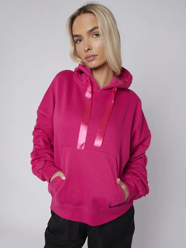Fuchsia Pink Ribbon Drawstring Ruched Sleeves Fleeced Hoodie ShineFashions.ie