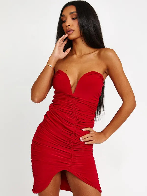 Red V-Bar Slinky Ruched Bandeau Bodycon Dress – ShineFashions.ie