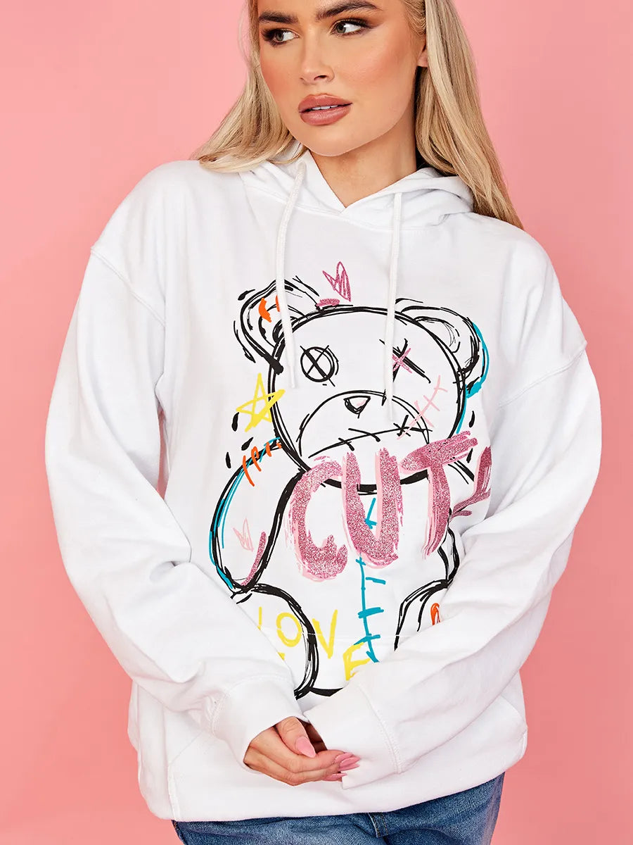 White Cute Teddy Graphic Print Oversized Hoodie ShineFashions.ie
