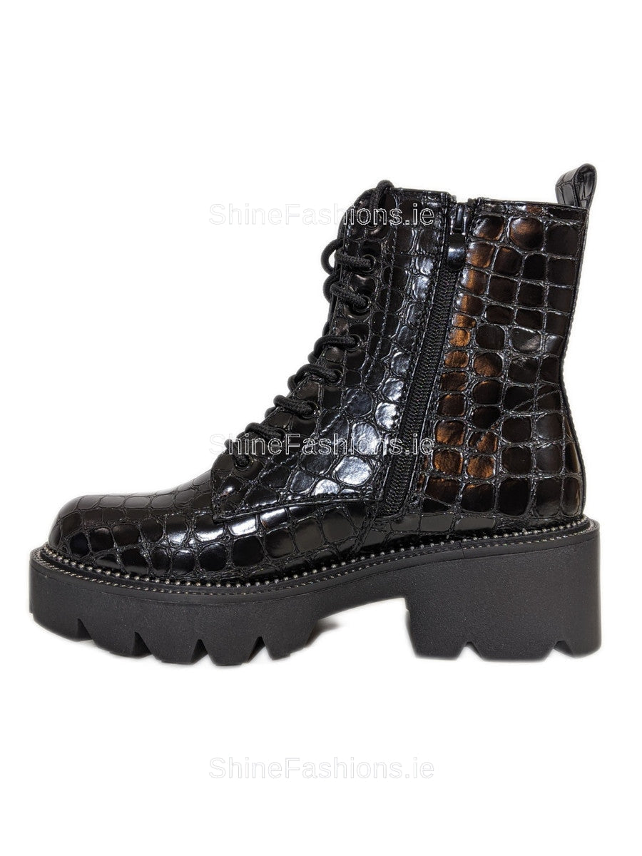 Black patent croc discount lace up boots