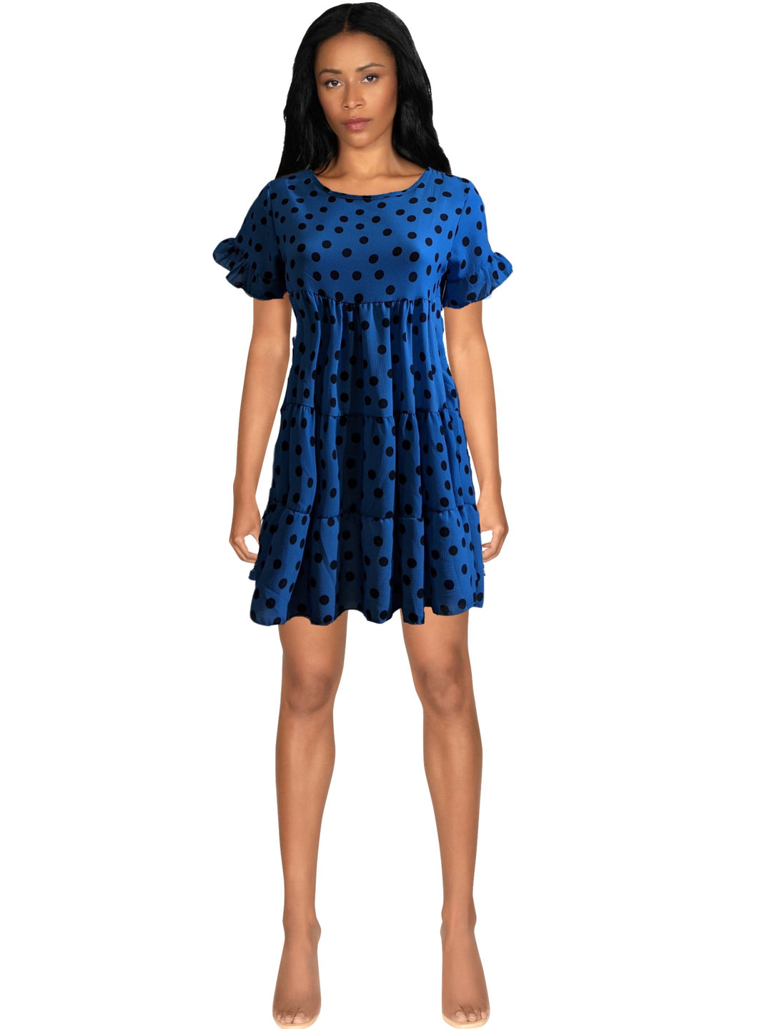 Blue Polka Dot Print Tiered Smock Dress