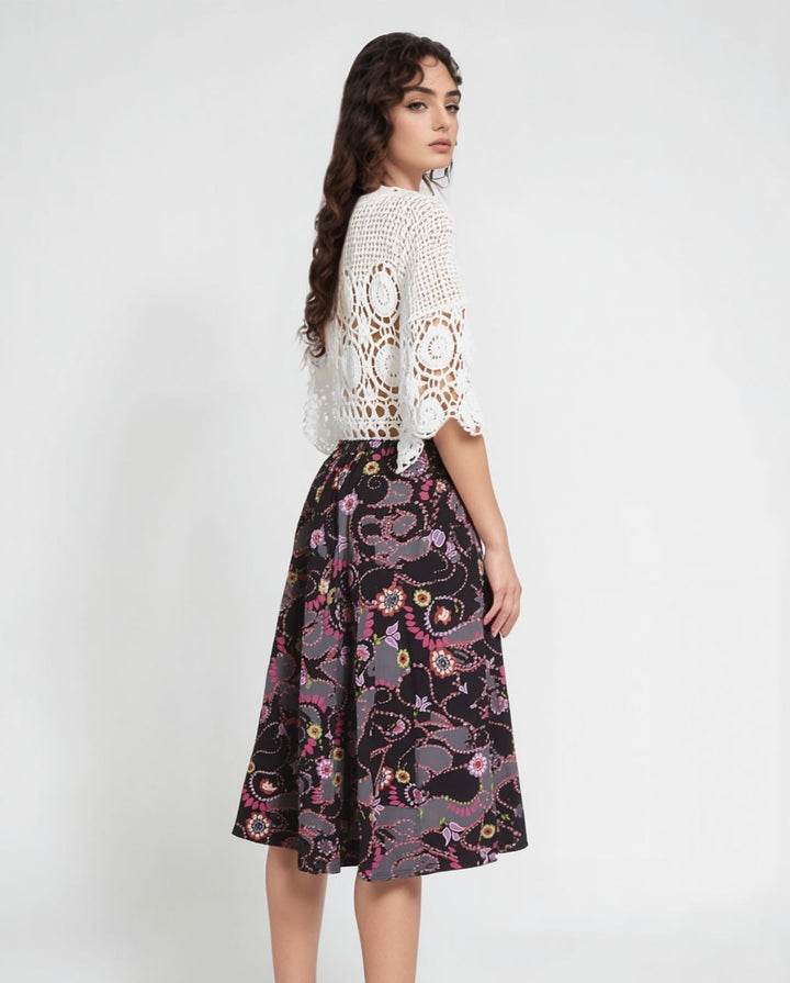 Floral Midi Abstract Print Pull On Elasticated Skirt