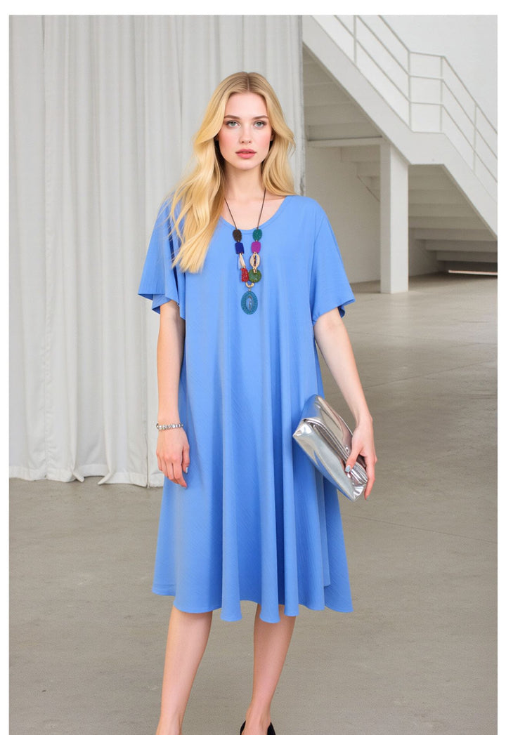 Baby Blue Midi Dress Loose Fit Short Sleeve Swing Dress with Statement Necklace