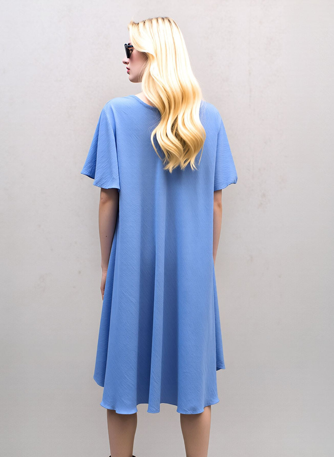 Baby Blue Midi Dress Loose Fit Short Sleeve Swing Dress with Statement Necklace