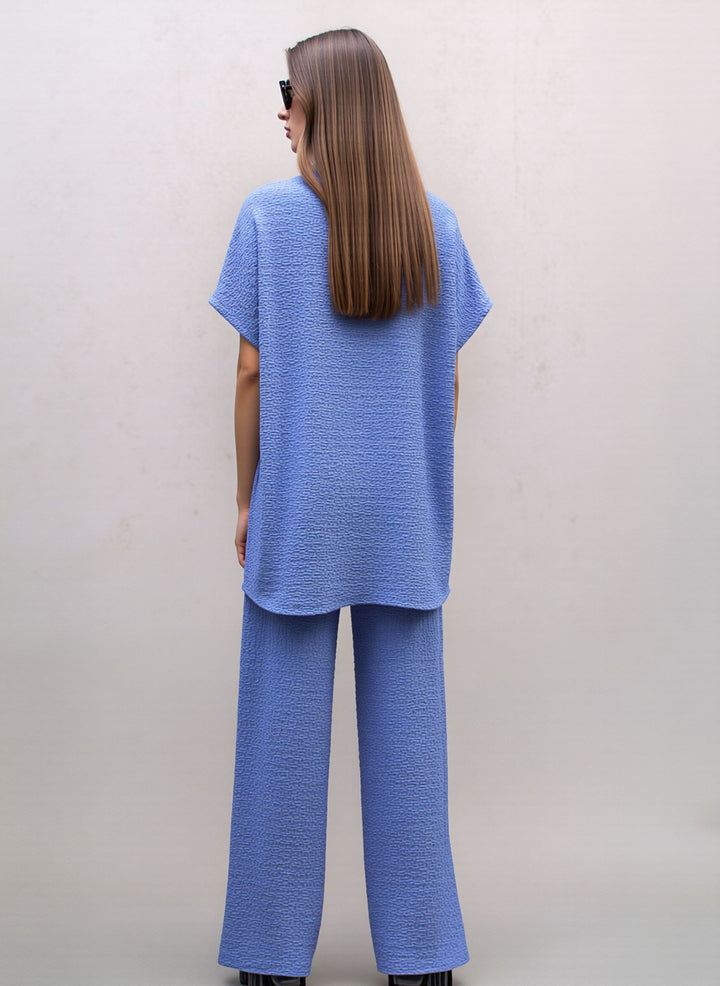 Baby Blue Textured Two Piece Co-Ord Set Relaxed Fit Overlay Top & Wide Leg Trousers