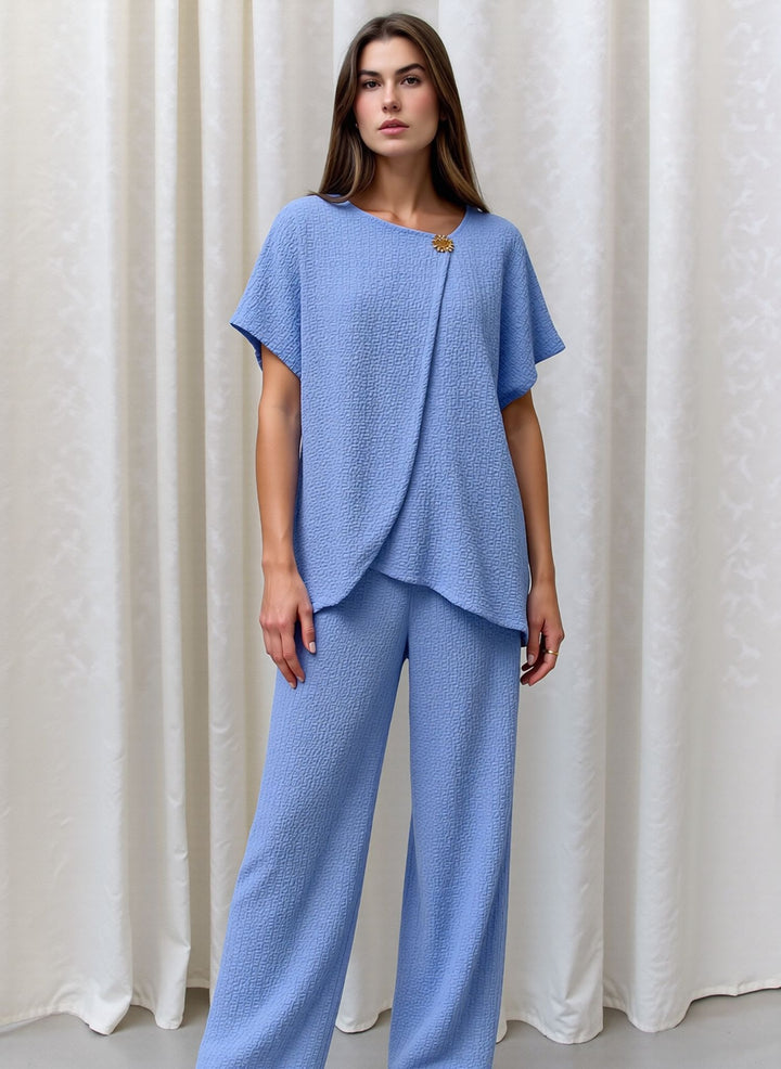 Baby Blue Textured Two Piece Co-Ord Set Relaxed Fit Overlay Top & Wide Leg Trousers