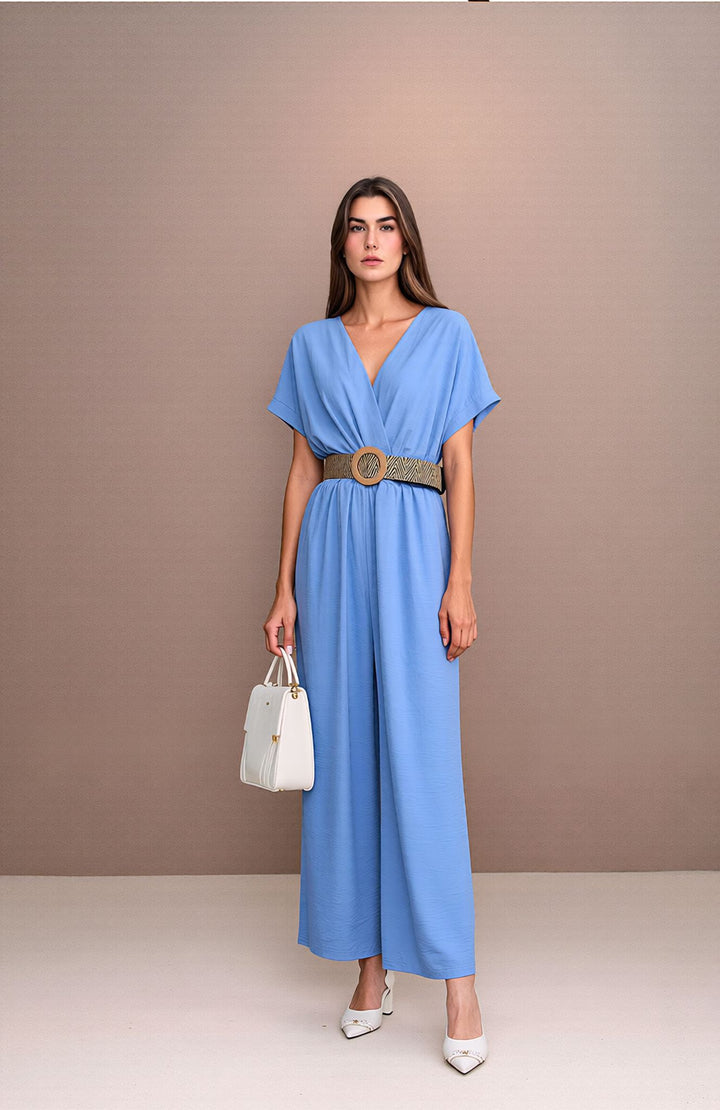 Baby Blue V-Neck Wide Leg Jumpsuit with Belt