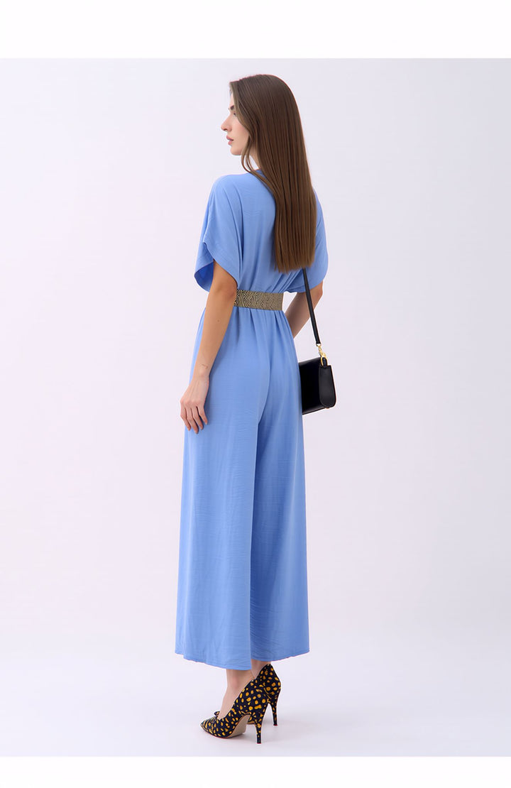 Baby Blue V-Neck Wide Leg Jumpsuit with Belt