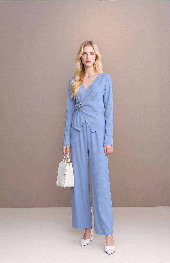 Baby Blue Wide Leg Co-Ord Set  Wrap Top & Trousers Two Piece Outfit