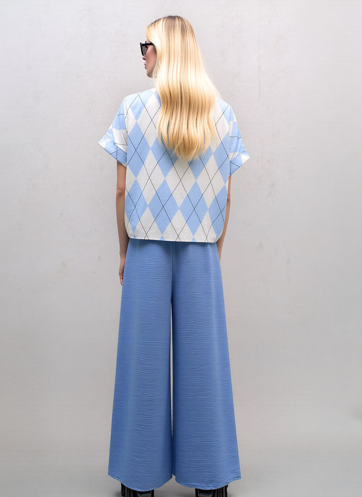 Baby Blue Wide Leg Trousers & Diamond Print Shirt Set
