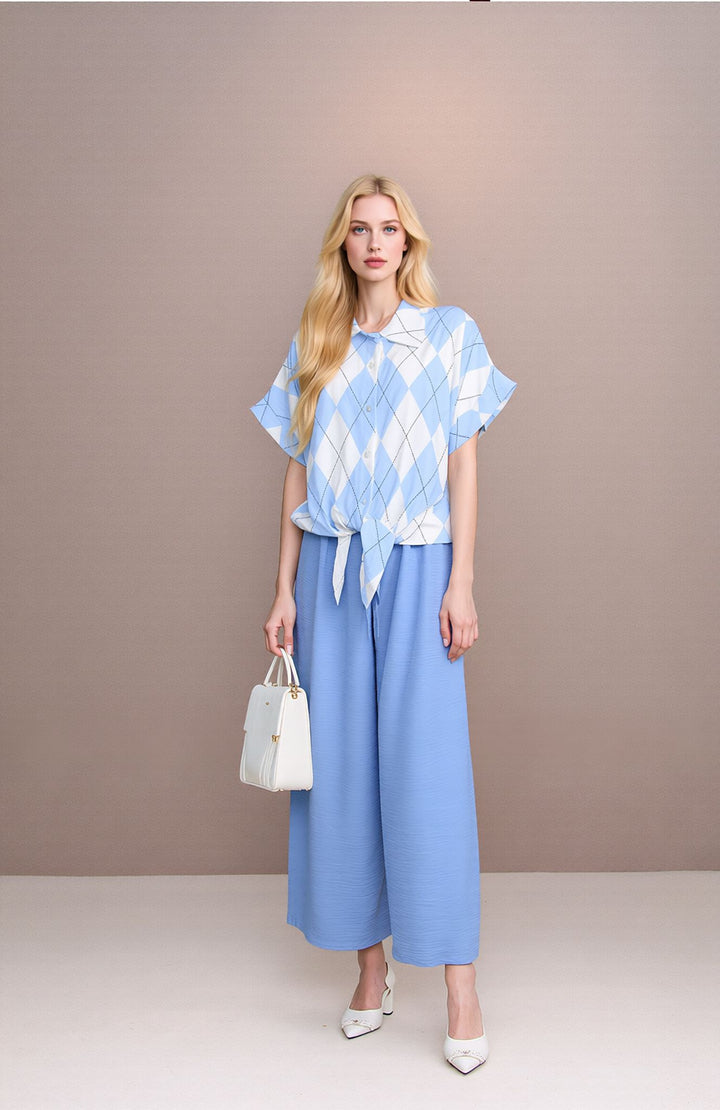 Baby Blue Wide Leg Trousers & Diamond Print Shirt Set