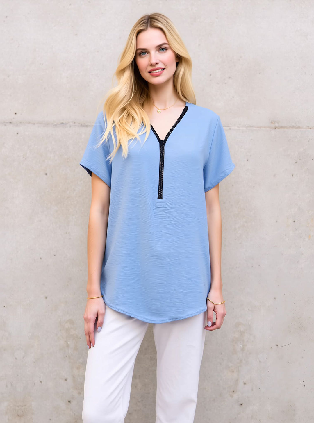 Baby Blue Zip Front V-Neck Loose Fit Blouse Top
