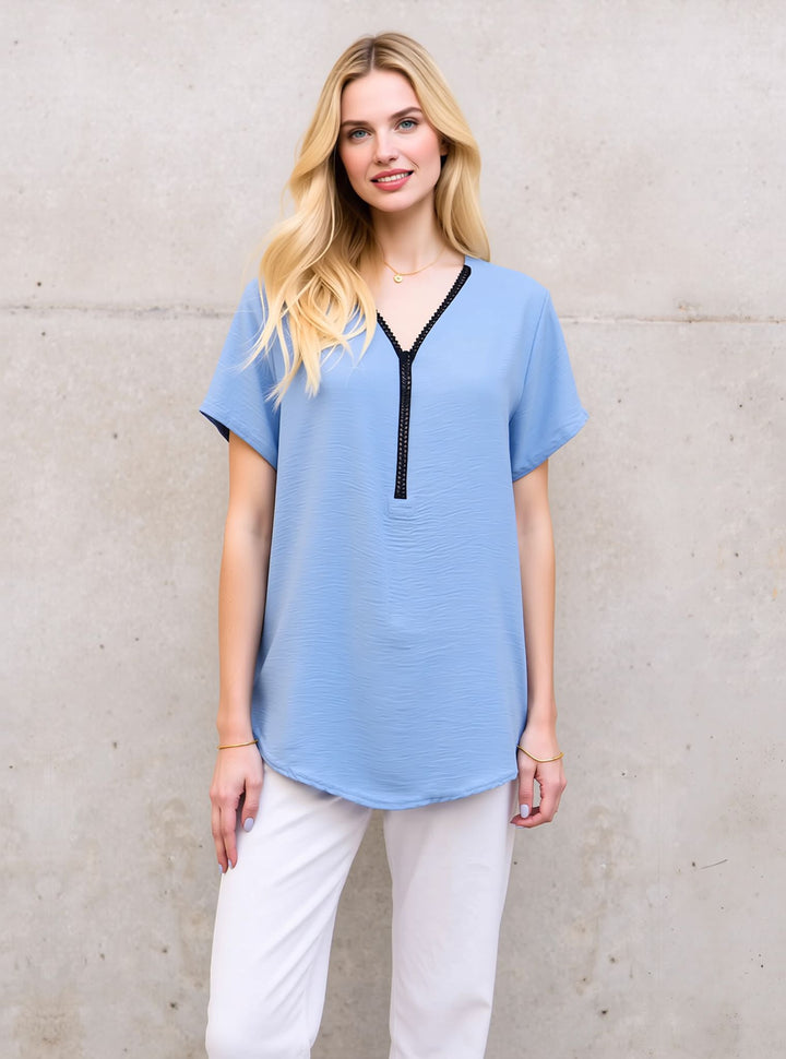 Baby Blue Zip Front V-Neck Loose Fit Blouse Top