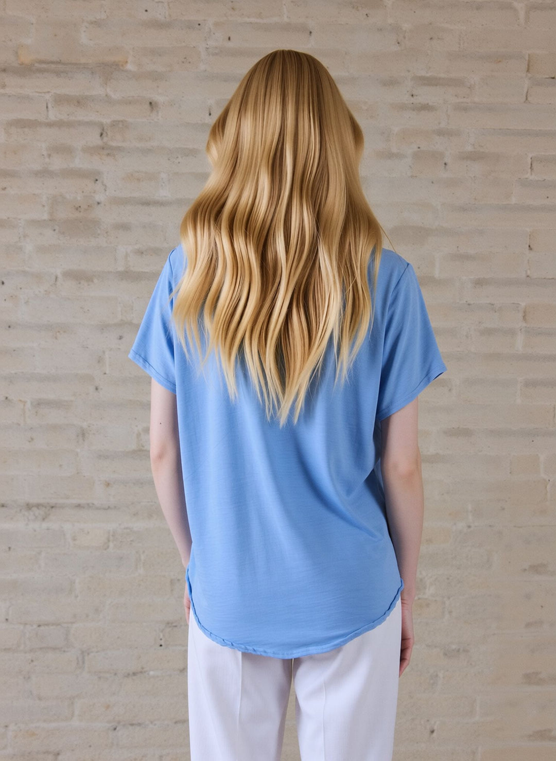 Baby Blue Zip Front V-Neck Loose Fit Blouse Top